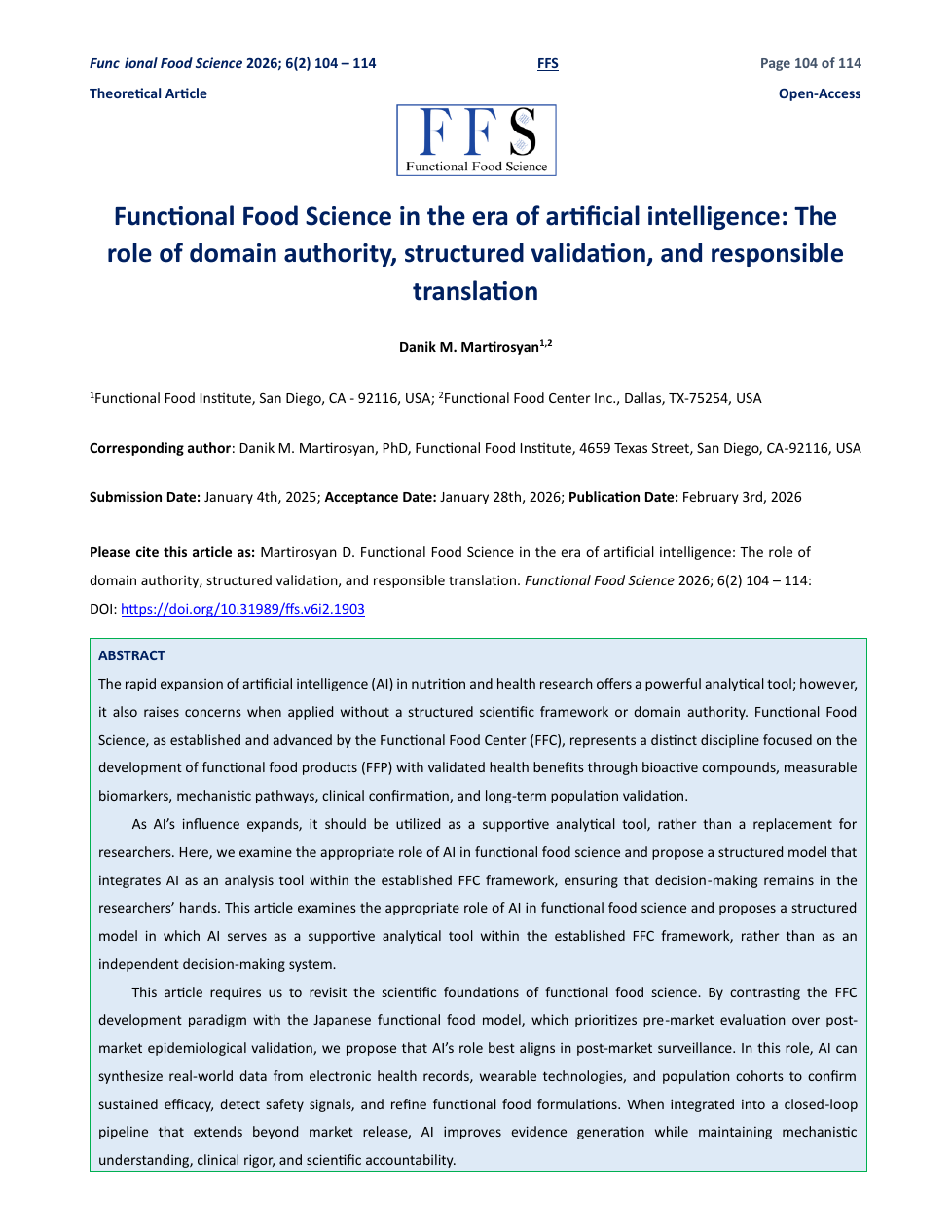 Primera página del artículo Functional Food Science in the era of artificial intelligence