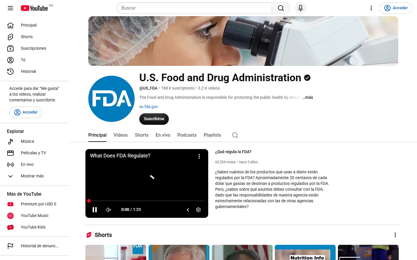 Vista del canal oficial de FDA en YouTube